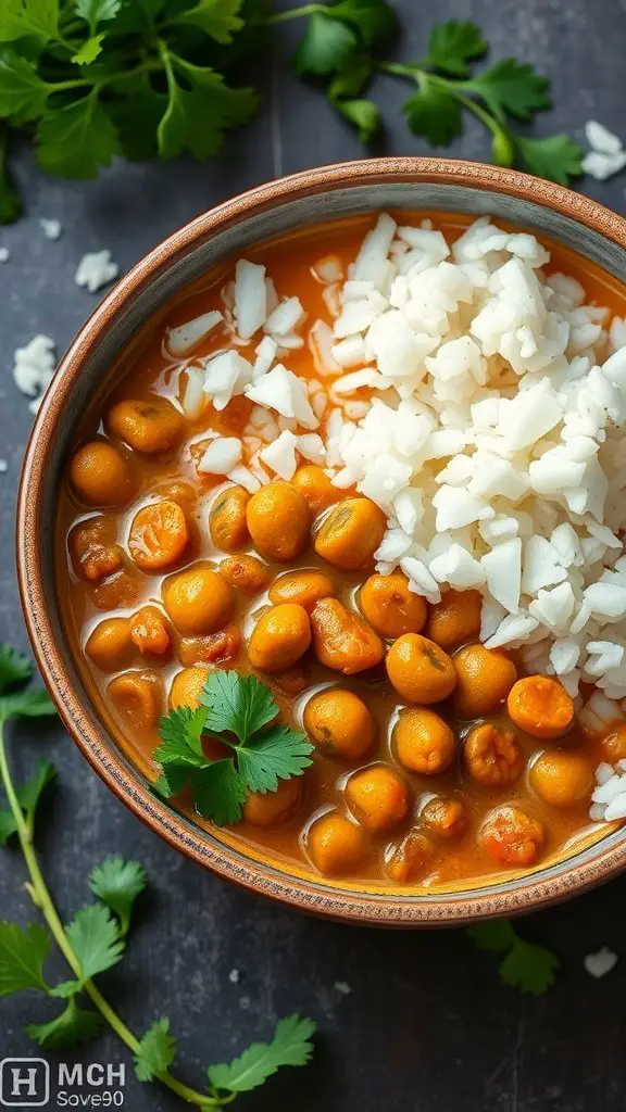 A bowl of spicy lentil curry served with rice and garnished with fresh cilantro
