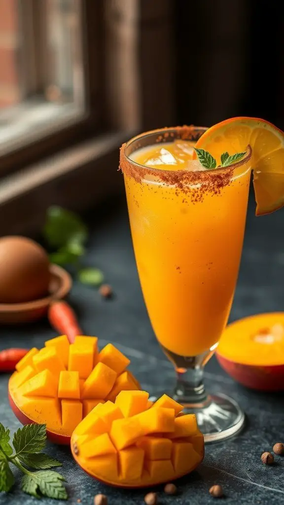 A vibrant glass of Spicy Mango Agua Fresca with mango slices and mint leaves garnishing it, set against a dark background.