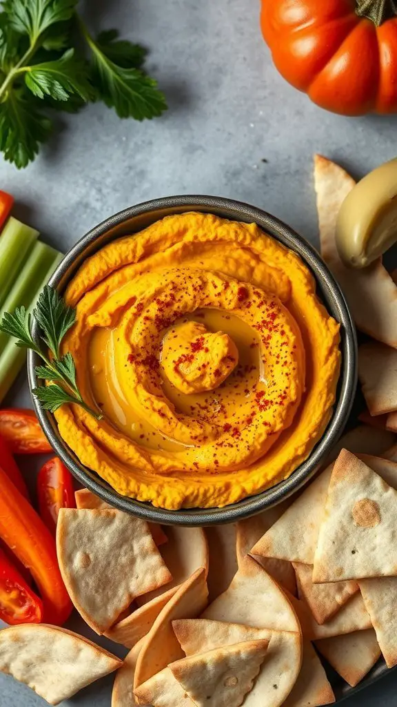 A bowl of spicy pumpkin hummus surrounded by pita chips and fresh vegetables.
