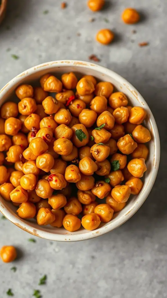 A bowl filled with golden, spicy roasted chickpeas garnished with herbs.