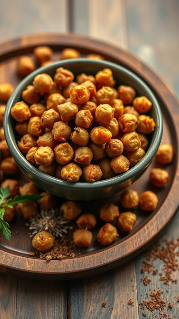 A bowl of spicy roasted chickpeas on a wooden platter, with some scattered around.