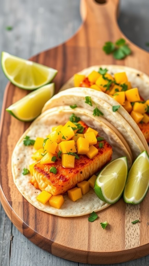 Spicy salmon tacos on a wooden board with mango salsa and lime wedges.