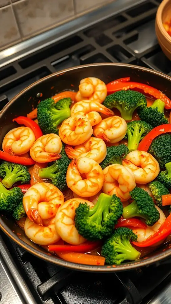 A skillet filled with shrimp, broccoli, and bell peppers, sizzling in a spicy sauce.