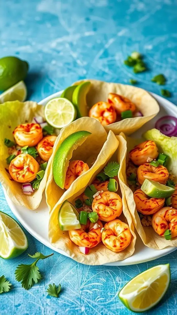 A plate of spicy shrimp tacos served in lettuce wraps with lime wedges and chopped cilantro.