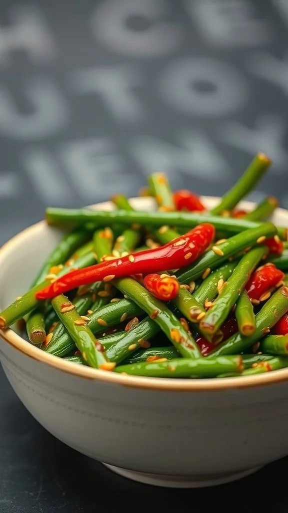 Bowl of spicy Szechuan green beans with red chili peppers and sesame seeds