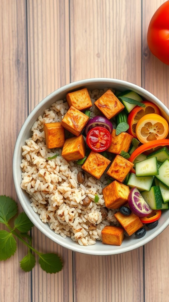 A bowl with rice, spicy tofu, and colorful vegetables including cucumbers, bell peppers, and tomatoes.