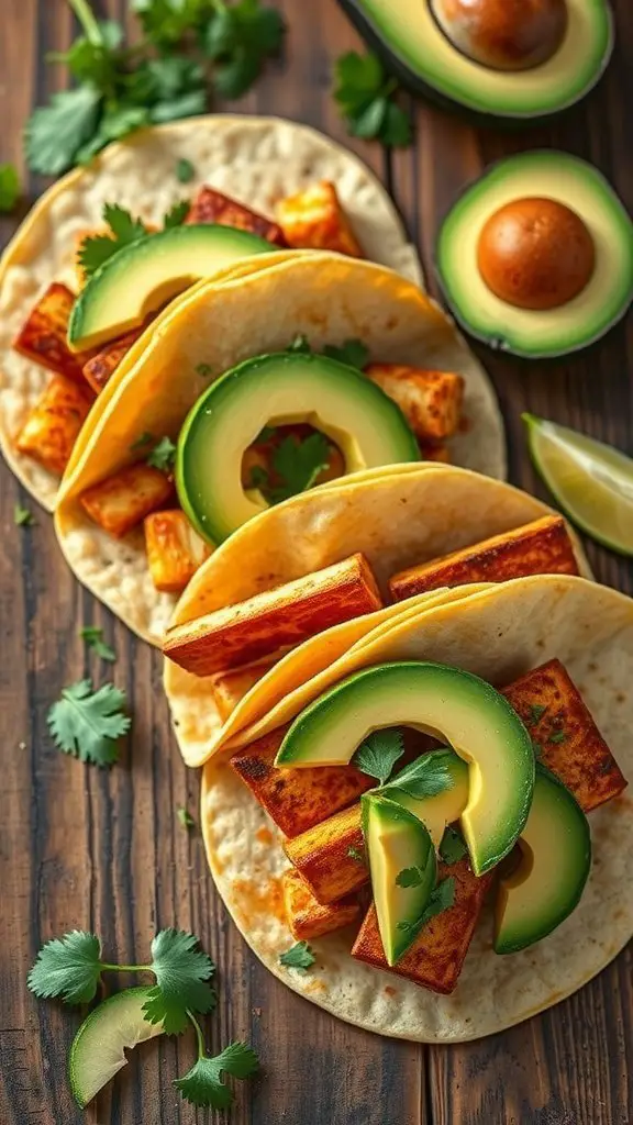 Three spicy tofu tacos with avocado slices and cilantro on wooden surface.