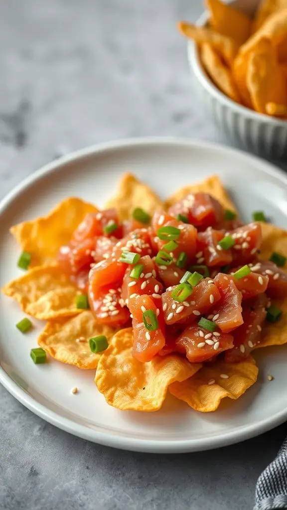 Spicy tuna tartare on crispy wonton chips garnished with green onions and sesame seeds.