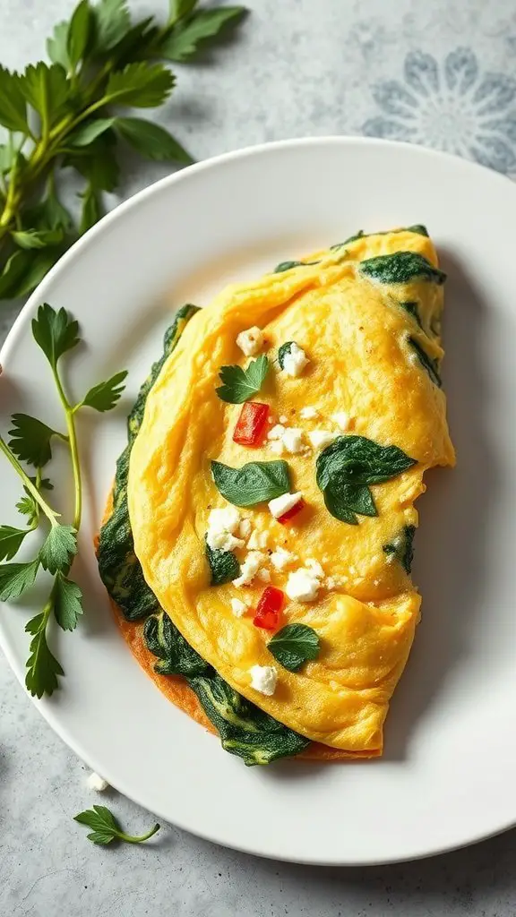 A spinach and feta omelette garnished with parsley and red pepper on a white plate