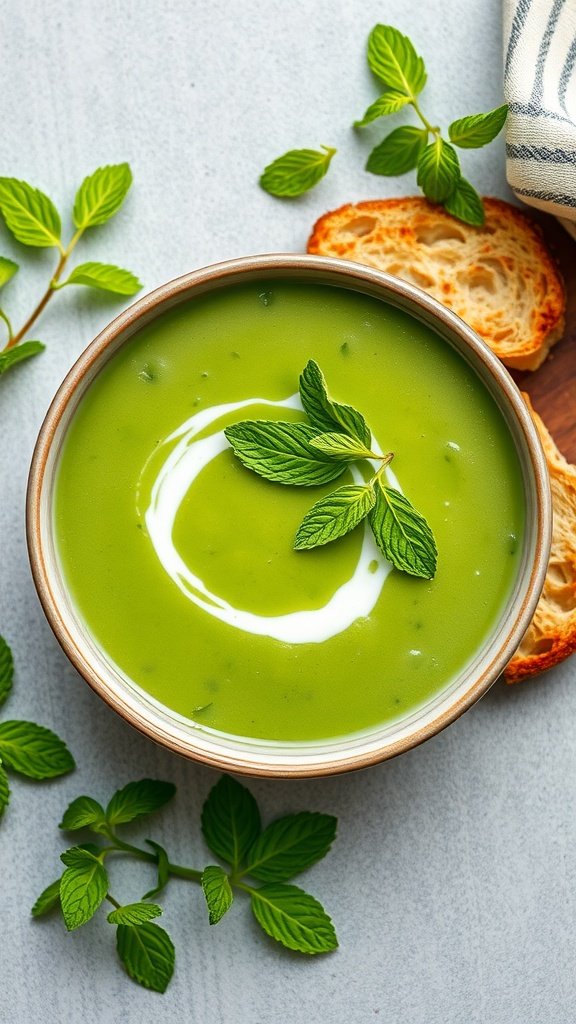 A bowl of green pea and mint soup garnished with cream and mint leaves, surrounded by fresh mint and slices of bread.