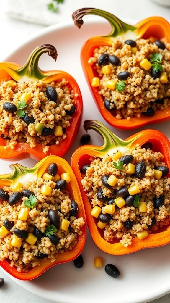 A plate of stuffed bell peppers filled with grains, black beans, and corn