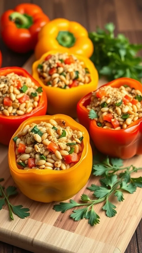 Colorful stuffed bell peppers filled with grains and vegetables on a wooden cutting board.