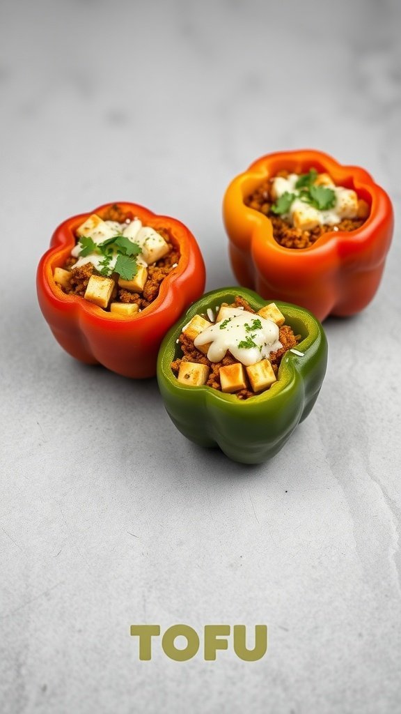 Colorful stuffed bell peppers filled with tofu and topped with sauce and cilantro.