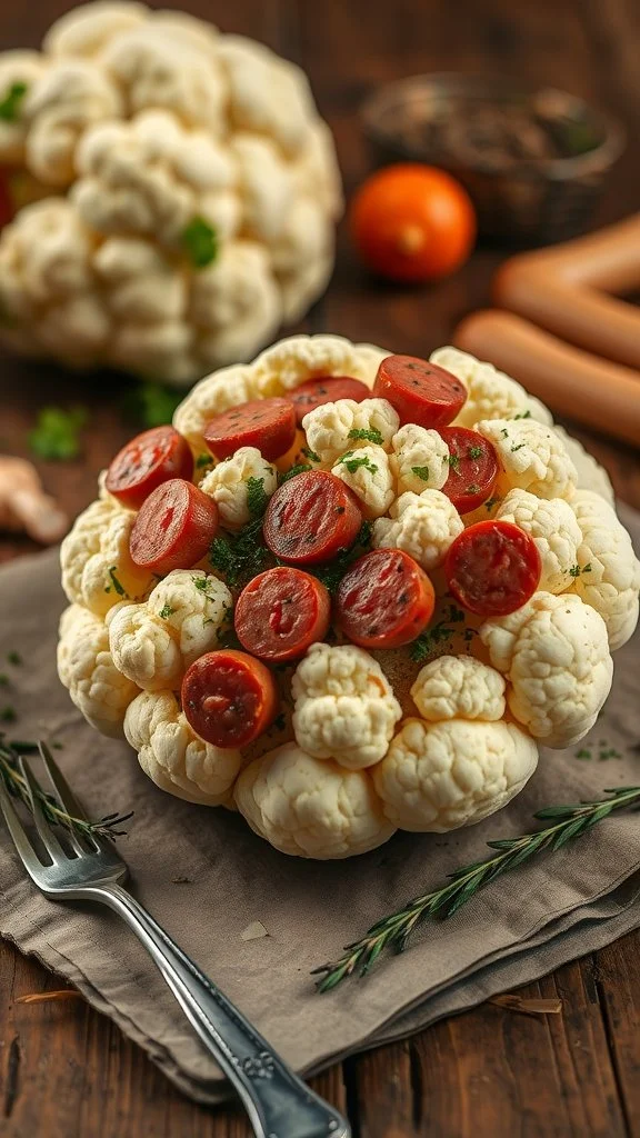 A stuffed cauliflower topped with sausage slices, garnished with herbs on a cloth