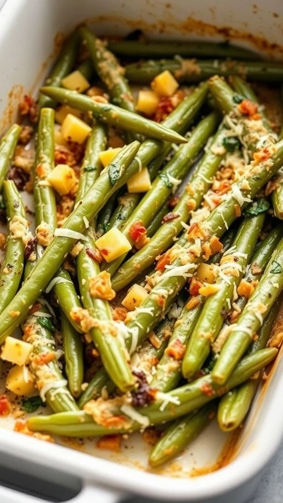 Baking dish filled with stuffed green beans topped with cheese and diced tomatoes