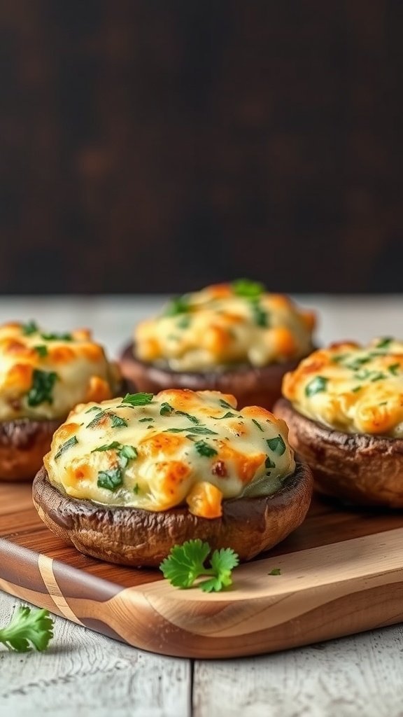 Stuffed portobello mushrooms with cheese and herbs on a wooden board.