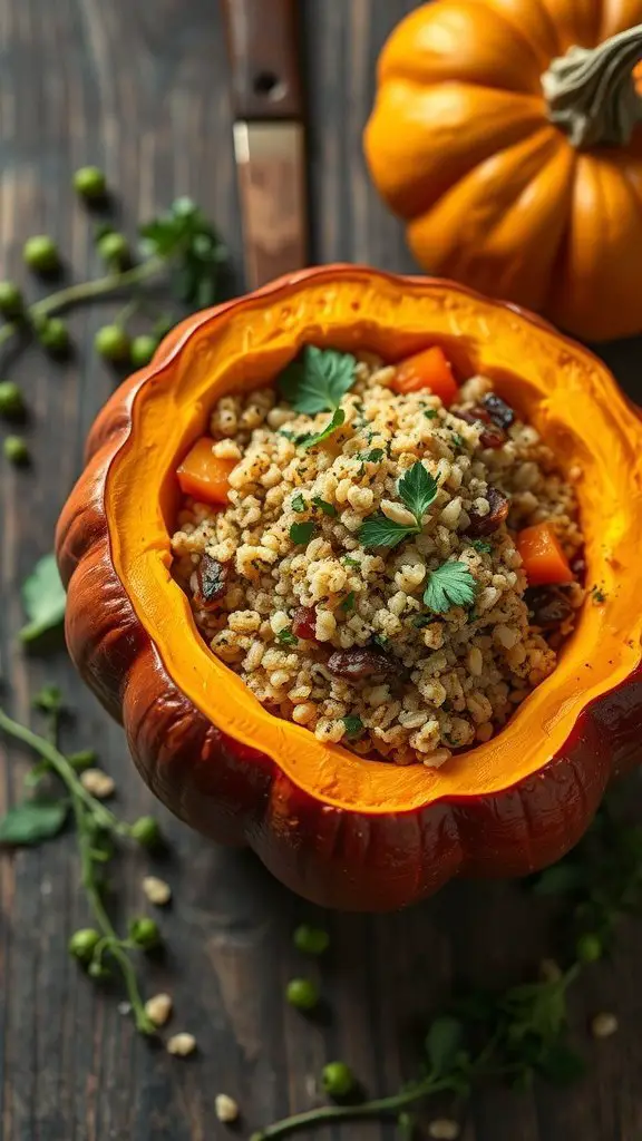 A stuffed pumpkin filled with quinoa, veggies, and garnished with cilantro, alongside an uncut pumpkin and a knife.