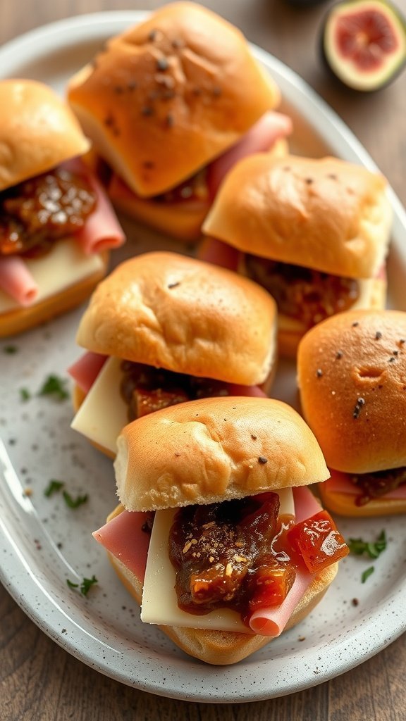 A plate of ham and cheese sliders with fig jam, showcasing golden buns and vibrant ingredients.