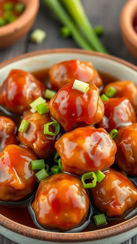 Delicious sweet and sour air fryer meatballs garnished with green onions in a bowl.