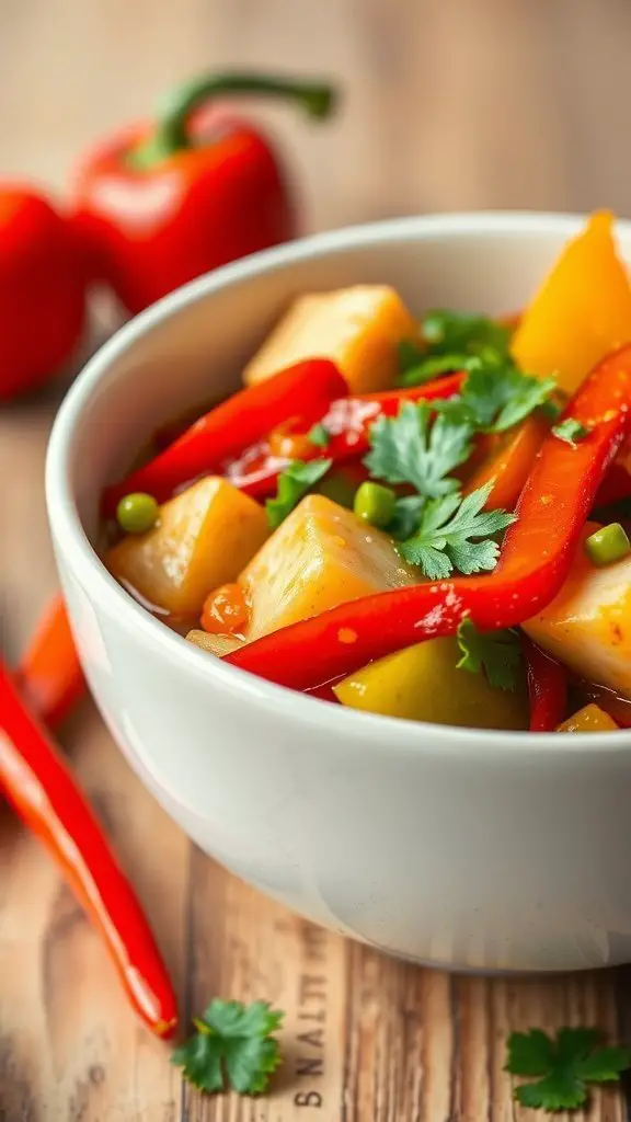 A bowl of colorful sweet and sour tofu with bell peppers, peas, and cilantro