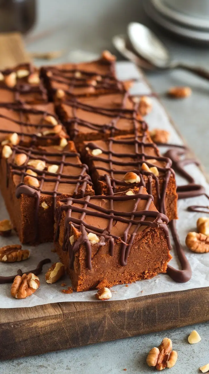 Delicious sweet potato brownies topped with chocolate drizzle and pecans.