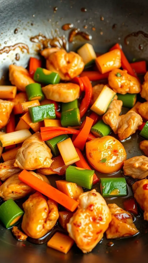 A vibrant teriyaki chicken stir-fry with chicken pieces, bell peppers, green onions, and carrots in a glossy sauce.