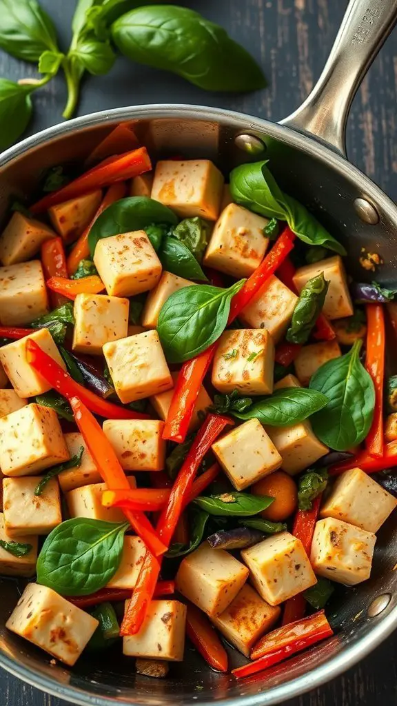 A skillet full of Thai basil tofu stir-fry with colorful vegetables