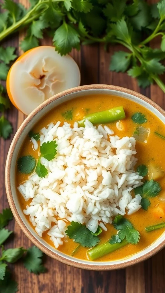 A bowl of Thai green bean curry with rice and fresh cilantro