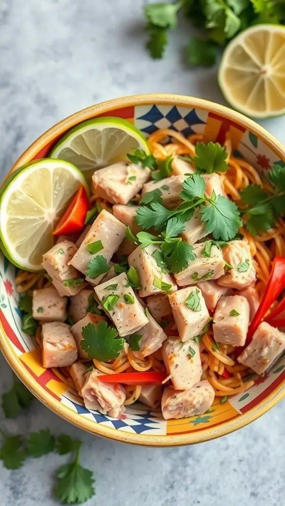 A colorful bowl of Thai Tuna Salad featuring chunks of tuna, noodles, red bell peppers, lime wedges, and fresh cilantro.