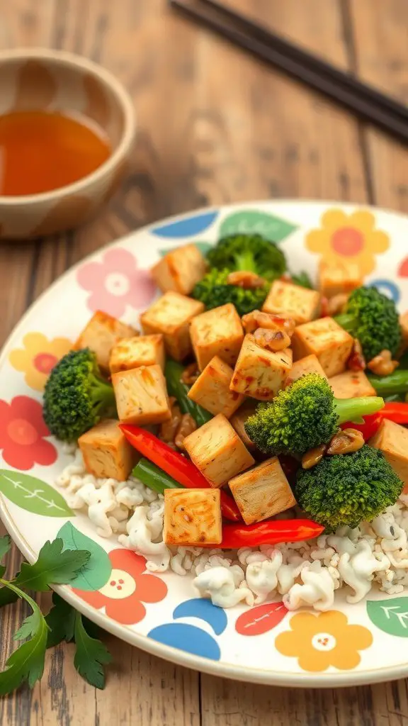 A colorful tofu and broccoli stir-fry served on a floral plate with rice and a small bowl of sauce