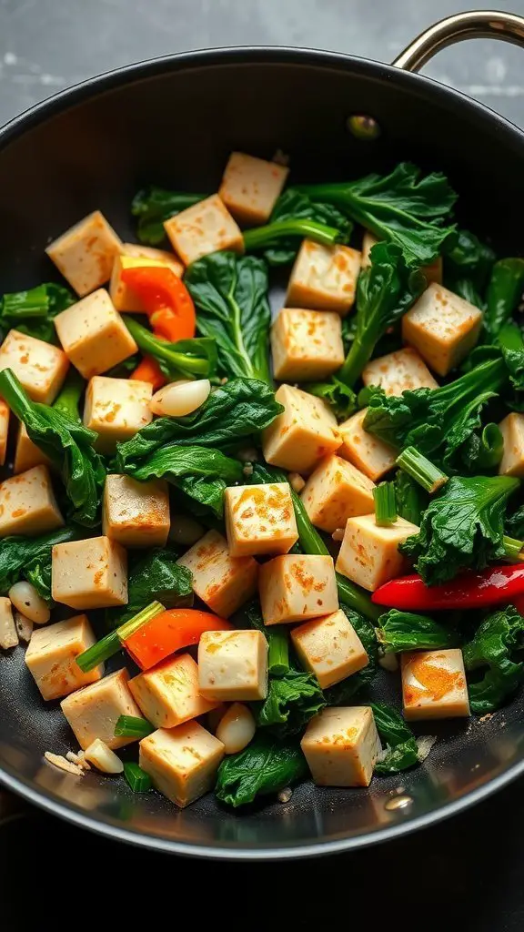 A stir-fry with tofu, kale, and colorful veggies in a skillet.