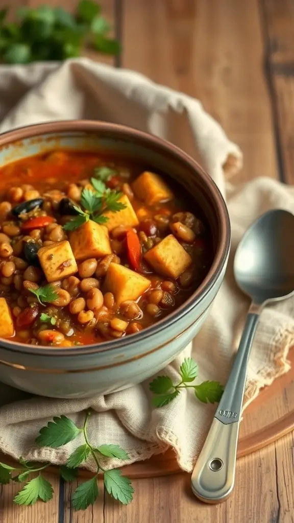 A hearty bowl of tofu and lentil stew, garnished with fresh herbs.