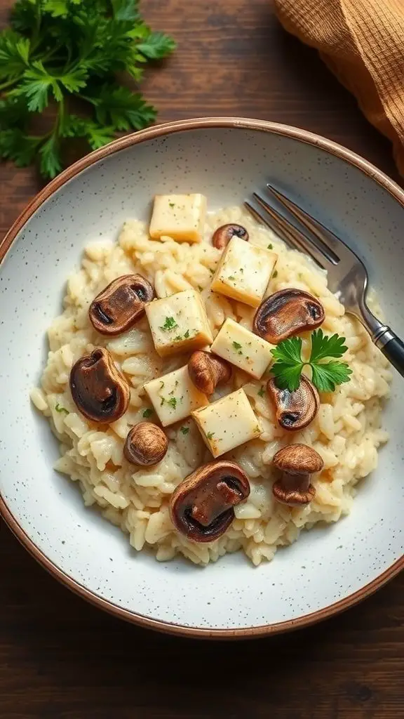A bowl of creamy tofu and mushroom risotto topped with mushrooms and fresh parsley.