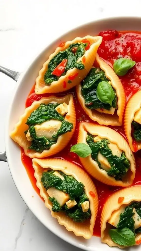 A close-up of stuffed pasta shells filled with tofu and spinach in tomato sauce, garnished with fresh basil.