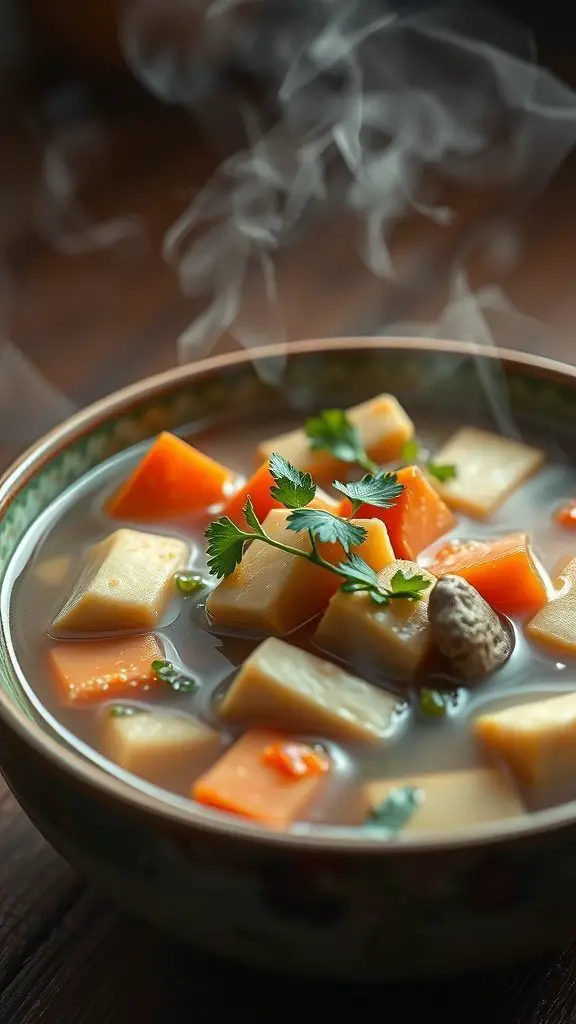 A bowl of steaming tofu and vegetable soup with colorful vegetables and fresh herbs.