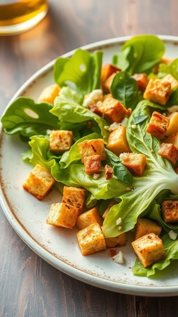 A plate of Tofu Caesar Salad with crispy tofu cubes and fresh greens