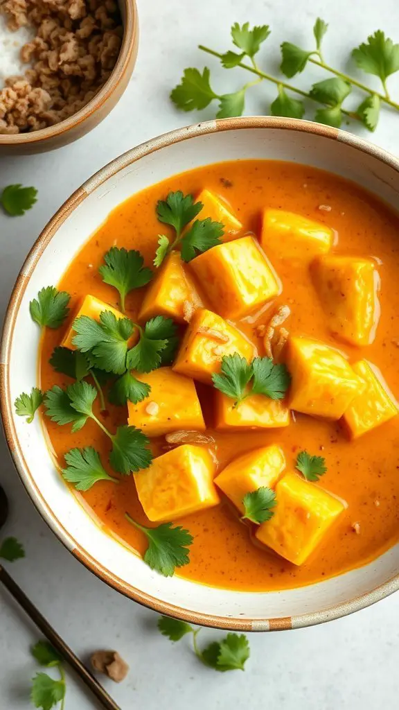 Bowl of tofu curry with coconut milk, topped with fresh cilantro, alongside a bowl of crushed nuts