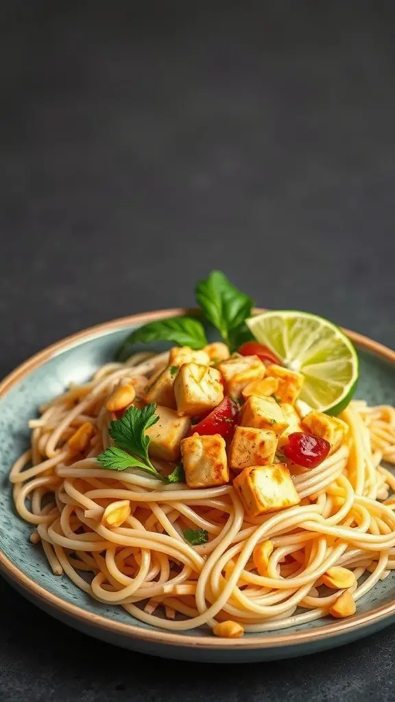 Plate of Tofu Pad Thai with rice noodles, cubes of tofu, crushed peanuts, a wedge of lime, and fresh herbs