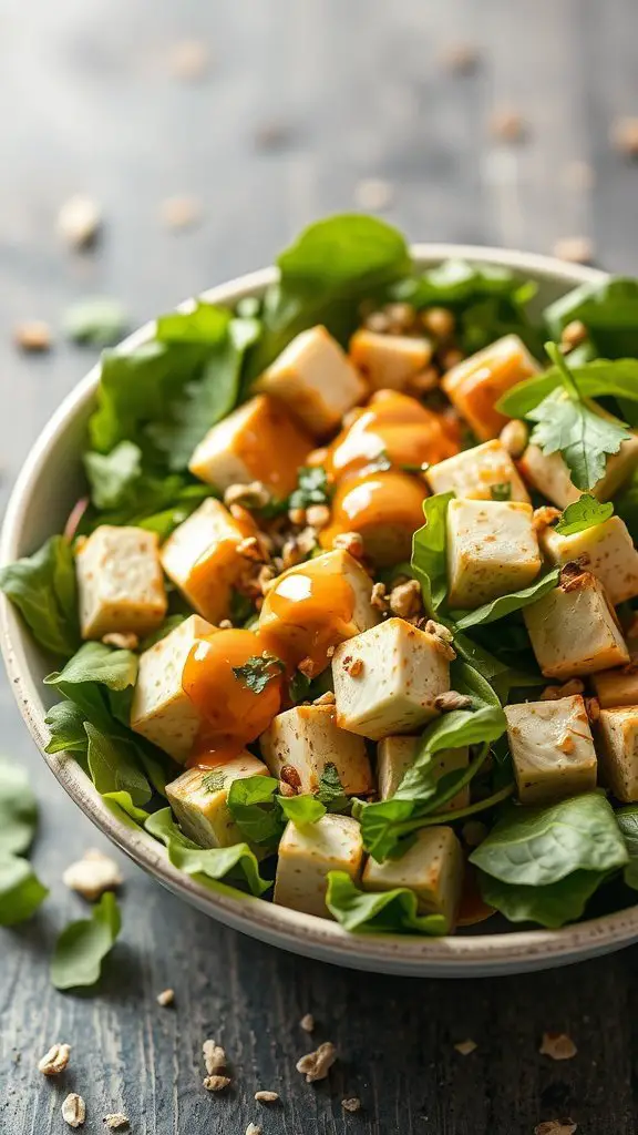 A colorful tofu salad with peanut dressing, featuring fresh greens and cubed tofu.
