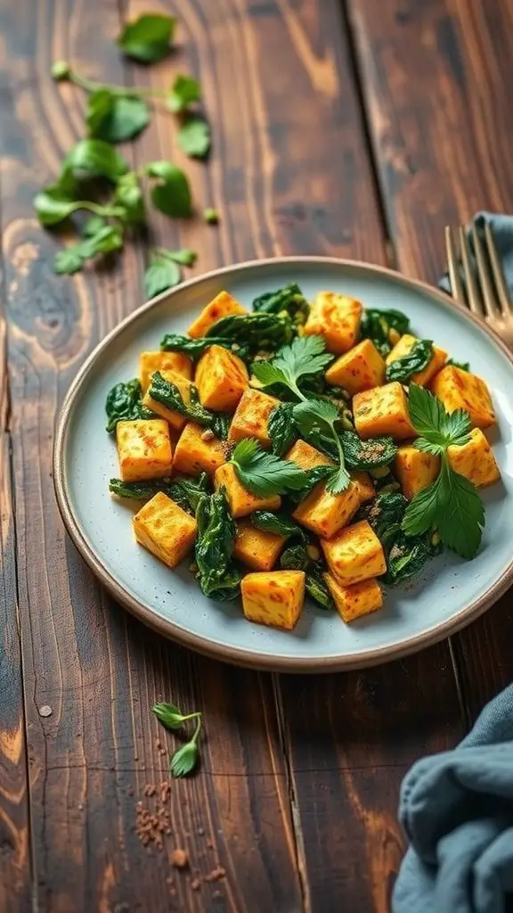 Vegan tofu scramble with spinach on a plate