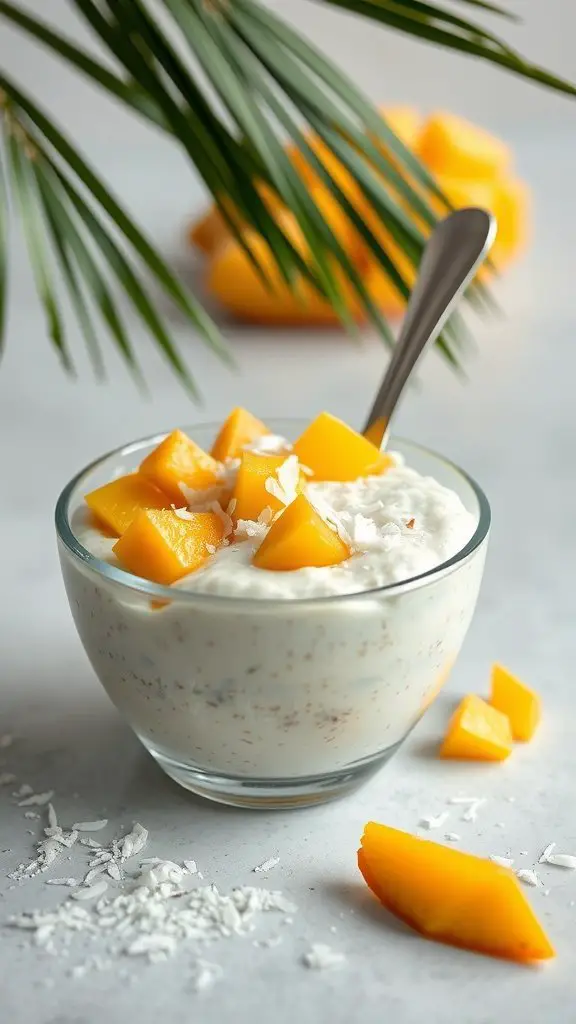 A bowl of tropical coconut mango overnight oats with mango chunks and shredded coconut on top.