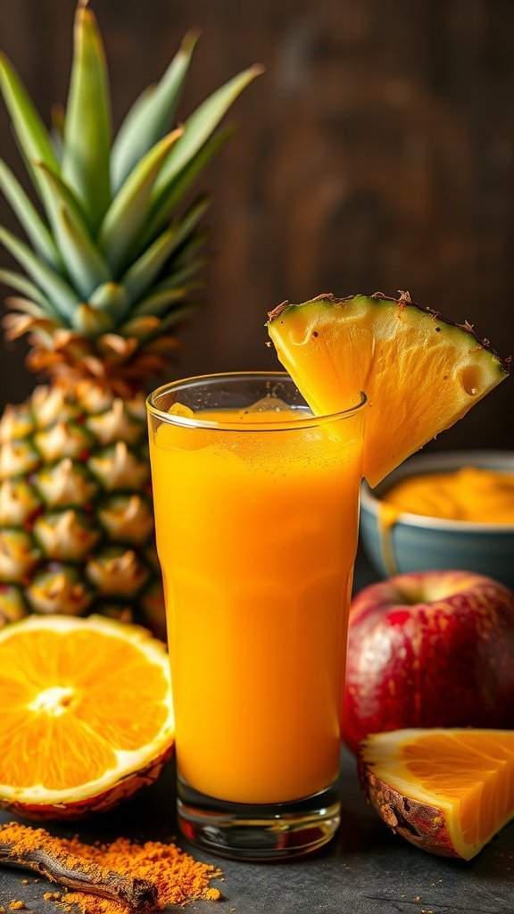 A glass of bright yellow tropical turmeric tonic surrounded by fresh fruits including pineapple, oranges, and apples.