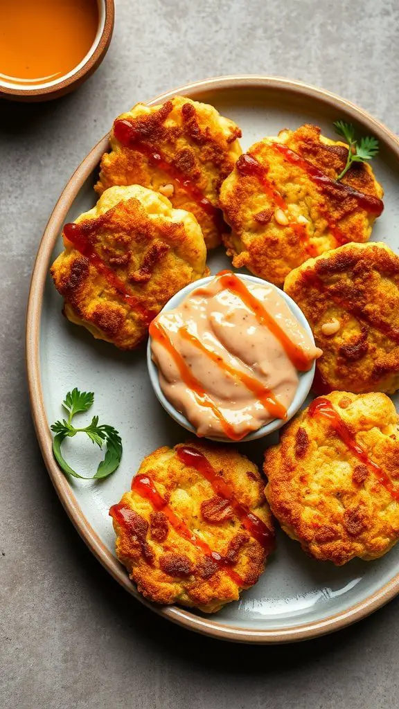 Plate of tuna and corn fritters served with a dipping sauce and garnished with sauce and cilantro.