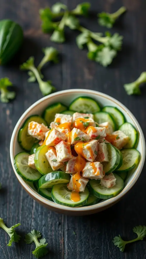 A bowl of Tuna and Cucumber Salad topped with sesame dressing, garnished with cilantro.