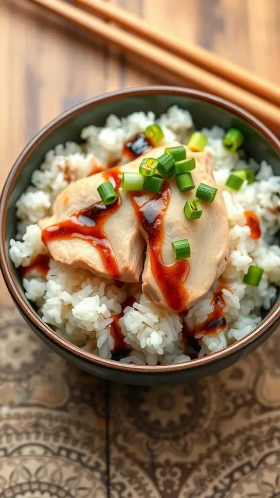 A bowl of tuna and rice topped with soy sauce and green onions