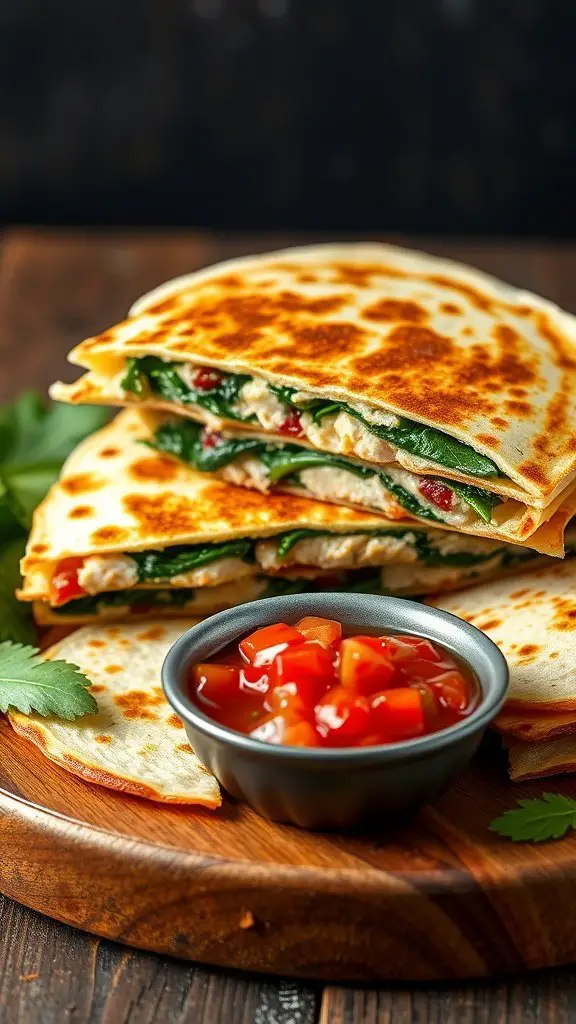 A close-up of tuna and spinach quesadillas on a wooden plate with salsa.
