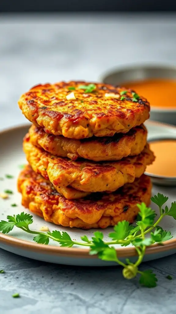 A stack of golden-brown tuna and sweet potato cakes garnished with fresh herbs, served with a dipping sauce.