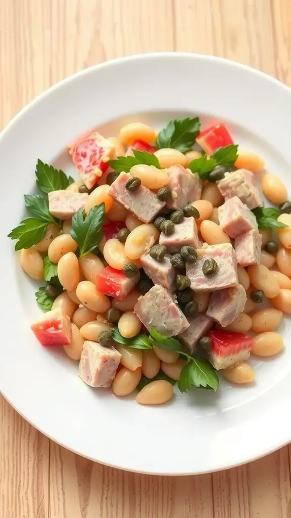 A vibrant Tuna and White Bean Salad on a white plate, featuring white beans, diced tuna, cherry tomatoes, capers, and fresh parsley.
