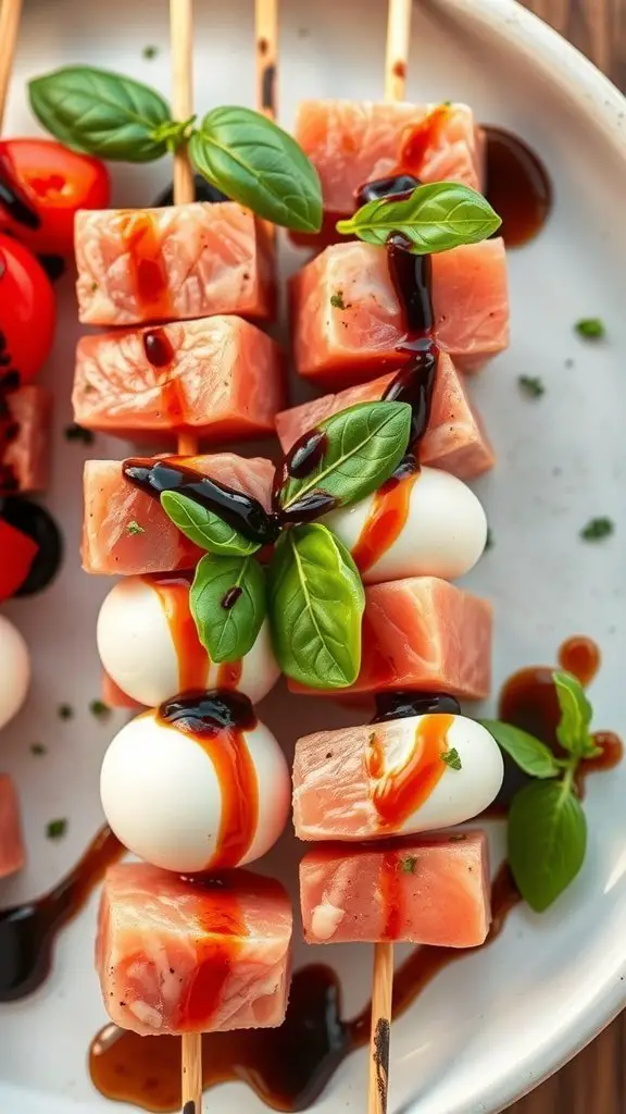 Tuna Caprese skewers with tuna, cherry tomatoes, mozzarella, and basil drizzled with balsamic glaze on a plate.