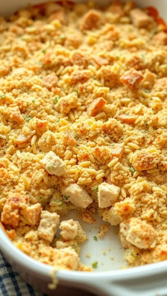 A close-up of a tuna casserole with a crispy breadcrumb topping, showing the golden texture and chunks of tuna.